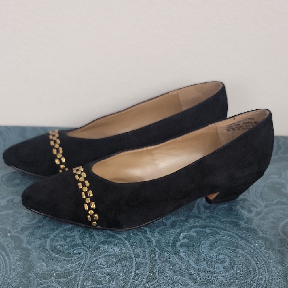 Women's Black Suede Low Heel Pumps with Gold Chain Detail